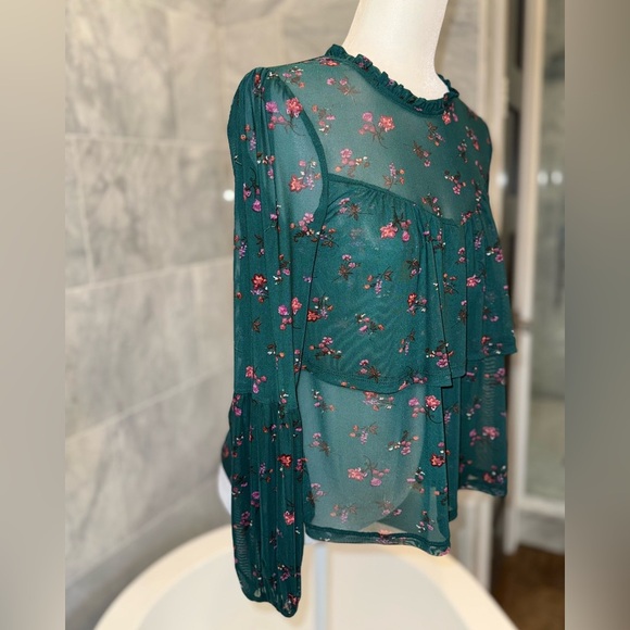 Eyeshadow Ruffle Long Sleeve Blouse Green Floral Print Blouse Size XS NWT - Picture 4 of 9